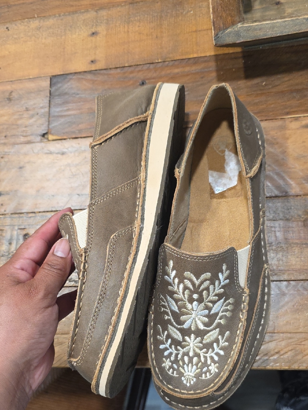 Ariat Taupe Slip-On Loafers with White Embroidered Floral Detail - Picture 4 of 6